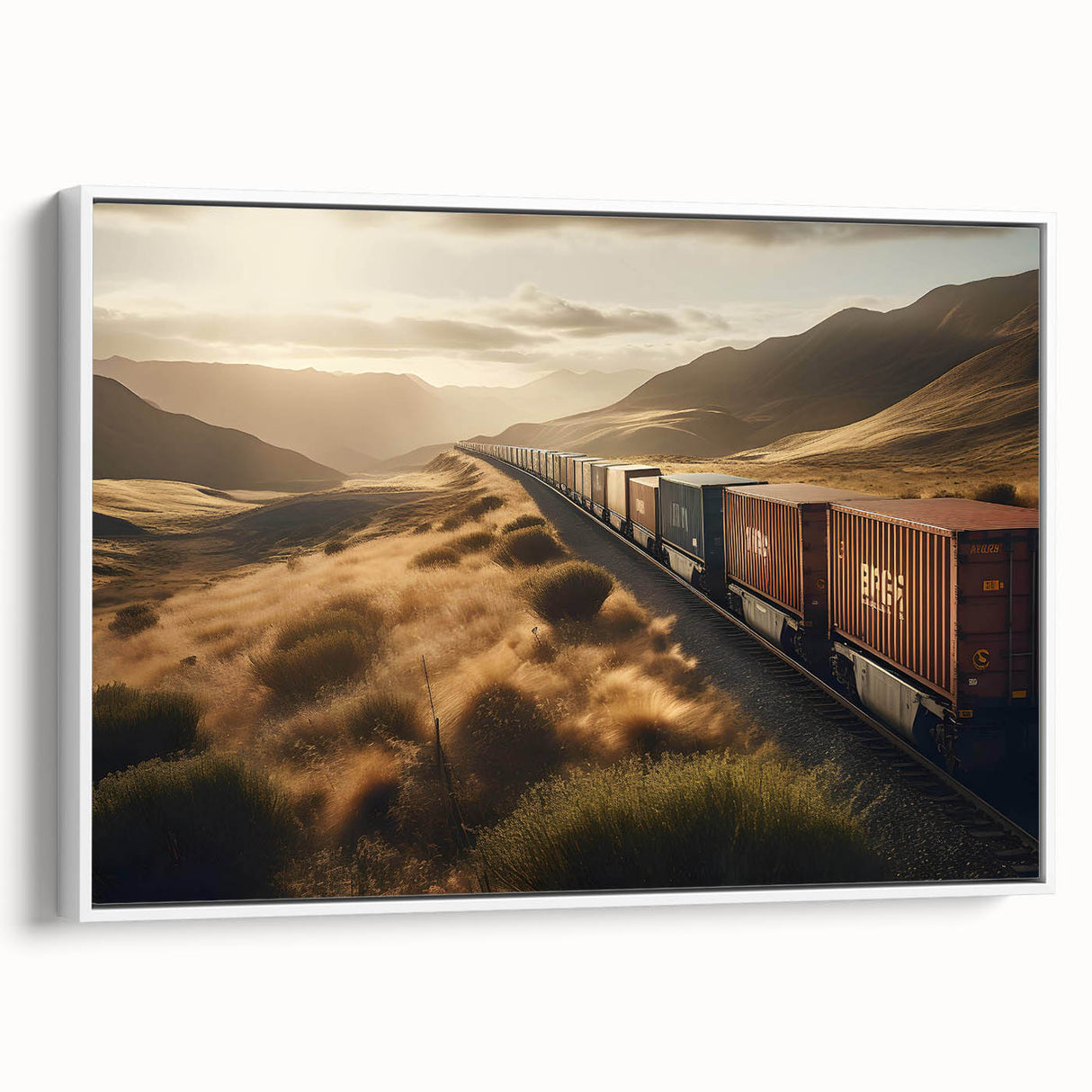 Framed canvas wall art featuring a serene railroad landscape design in soft pastel colors, set against a white background, ideal for modern home decor.