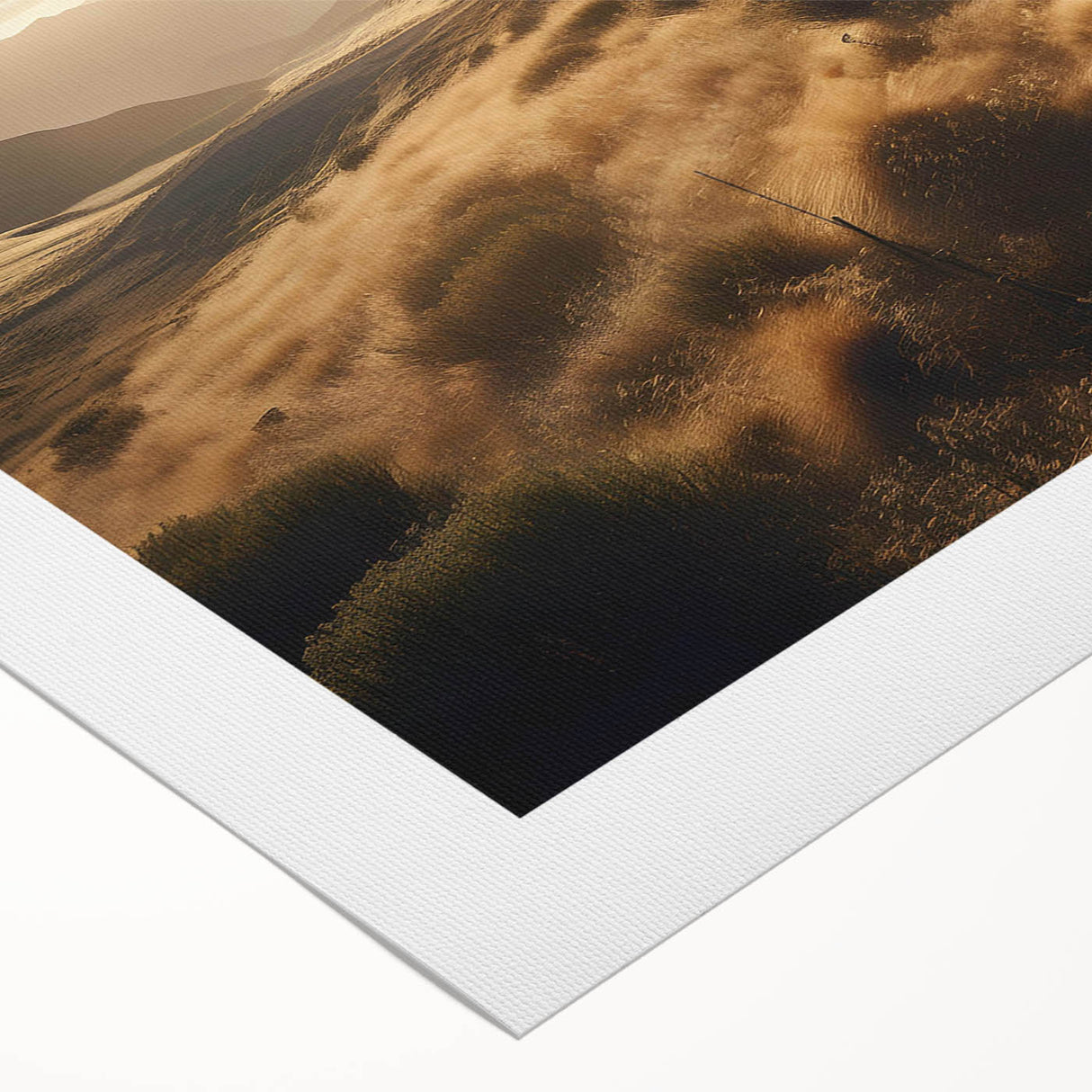 Rolled canvas artwork showcasing a stunning landscape of railroad tracks winding through lush green hills, perfect for enhancing modern home decor.