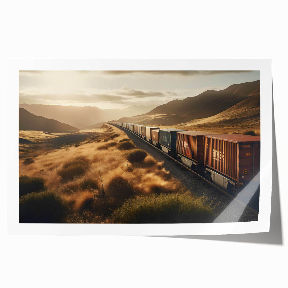Rolled print showcasing a vibrant landscape featuring a railroad scene, designed for wall art decor. The artwork captures rich colors and intricate details, ideal for enhancing interior spaces.