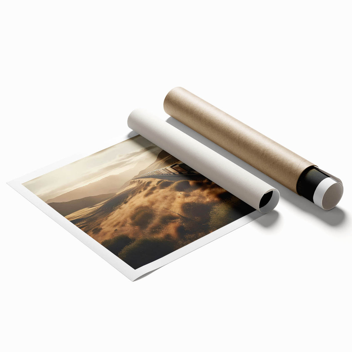 Vibrant rolled print showcasing a landscape railroad design, featuring rich colors and intricate details, packaged securely in a sturdy cardboard tube for safe delivery.