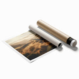 Vibrant rolled print showcasing a landscape railroad design, featuring rich colors and intricate details, packaged securely in a sturdy cardboard tube for safe delivery.