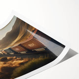 Vibrant rolled print of a serene landscape featuring a railroad track winding through lush green hills, designed for wall art decor, showcasing nature's beauty.
