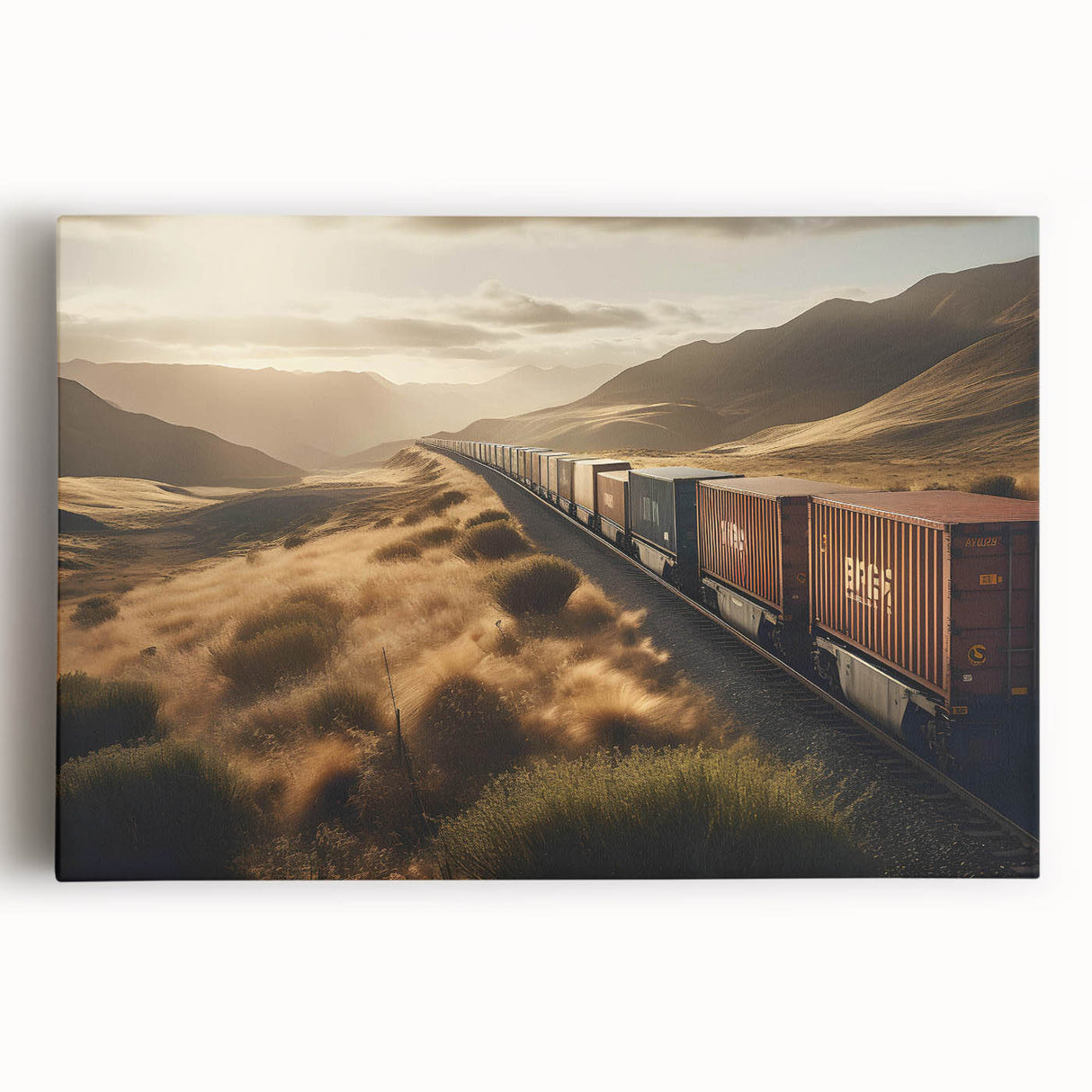 Vibrant stretched canvas artwork depicting a serene landscape with a railroad running through lush greenery, ideal for home decor and nature enthusiasts.