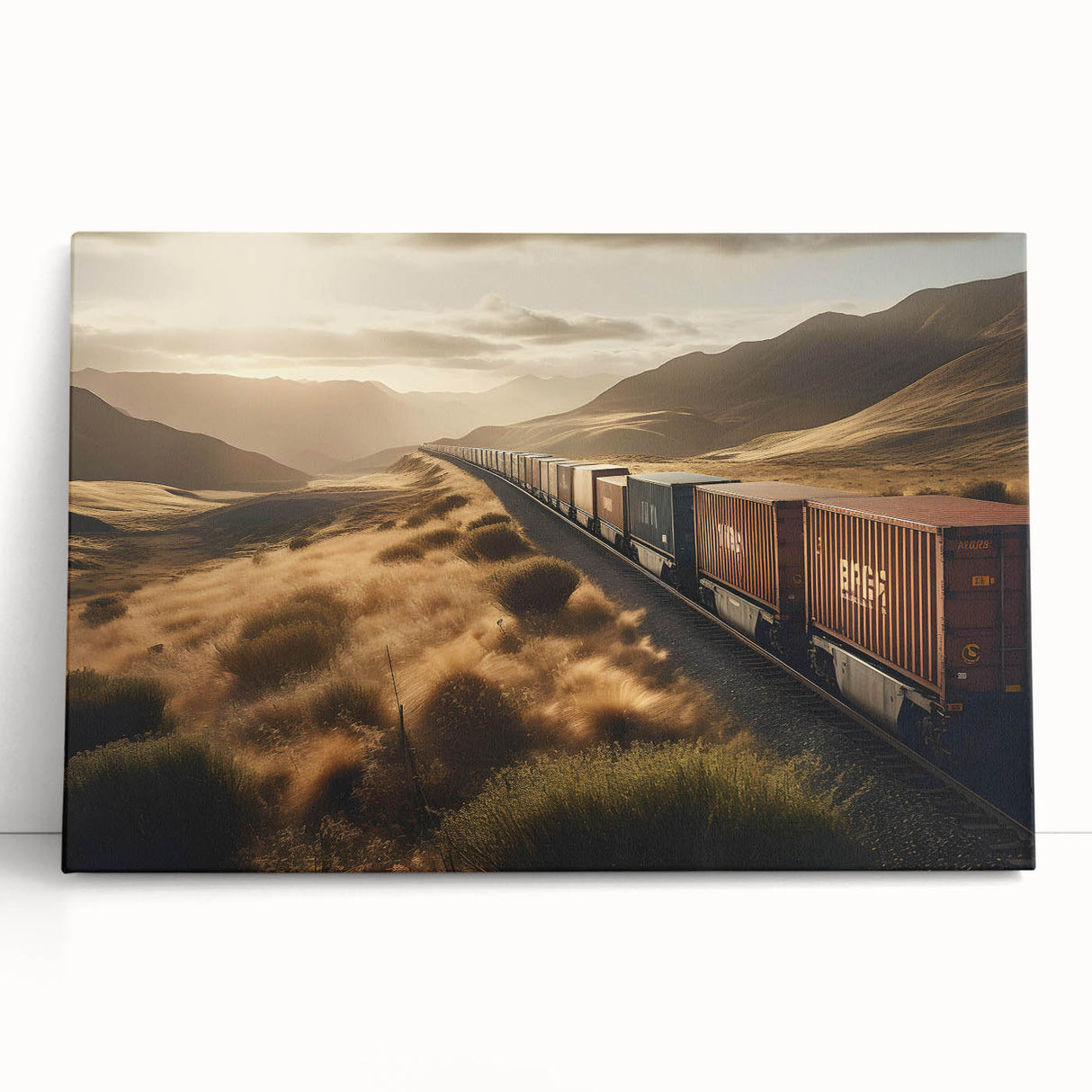 Stretched canvas wall art showcasing a vibrant landscape with train tracks and lush greenery, perfect for enhancing home decor with a modern touch.