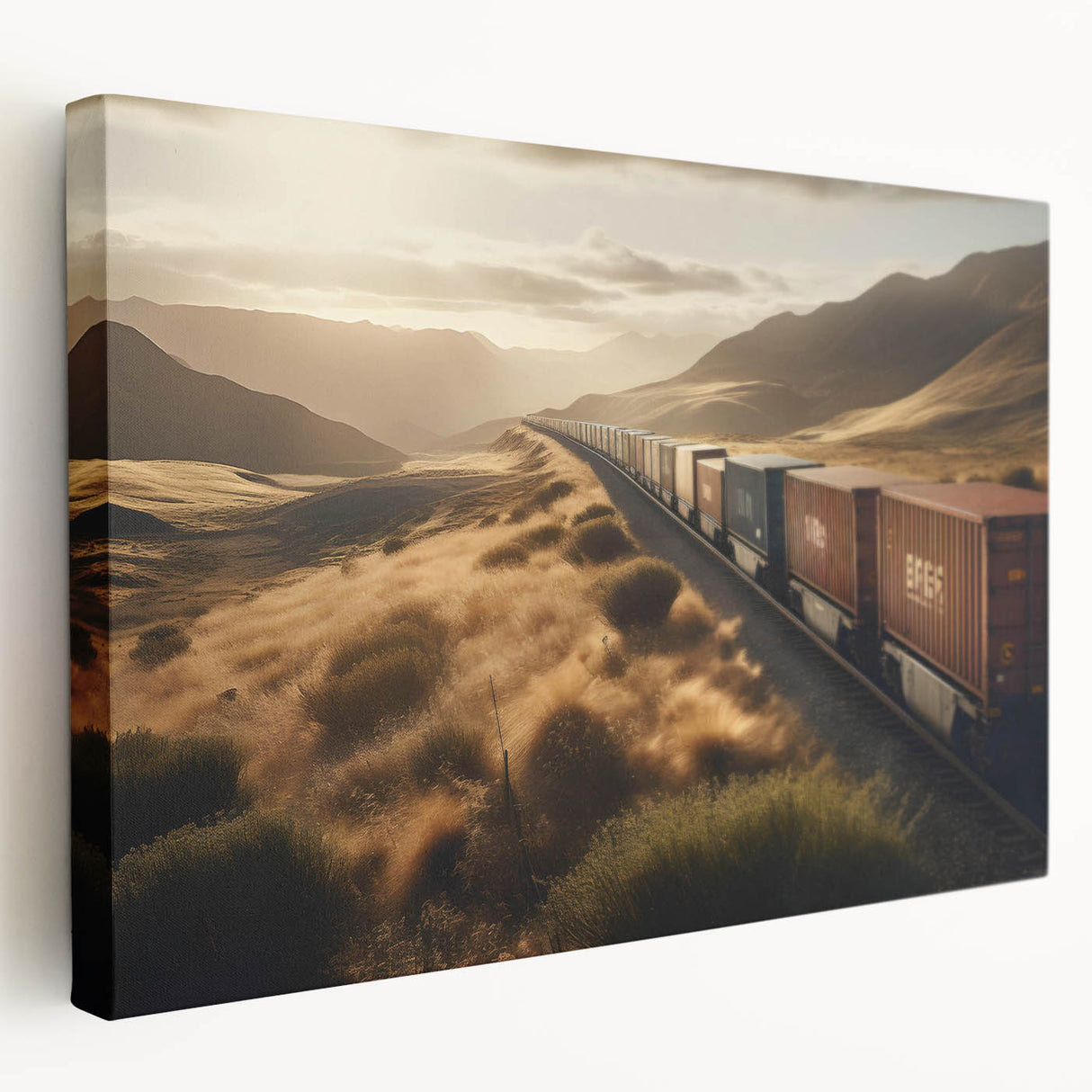Stretched canvas wall art showcasing a vibrant abstract landscape design with railroad elements, featuring rich colors and intricate details, perfect for modern decor.