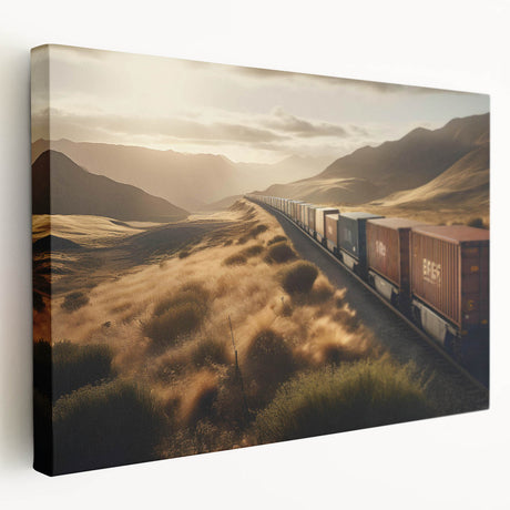 Stretched canvas wall art showcasing a vibrant abstract landscape design with railroad elements, featuring rich colors and intricate details, perfect for modern decor.