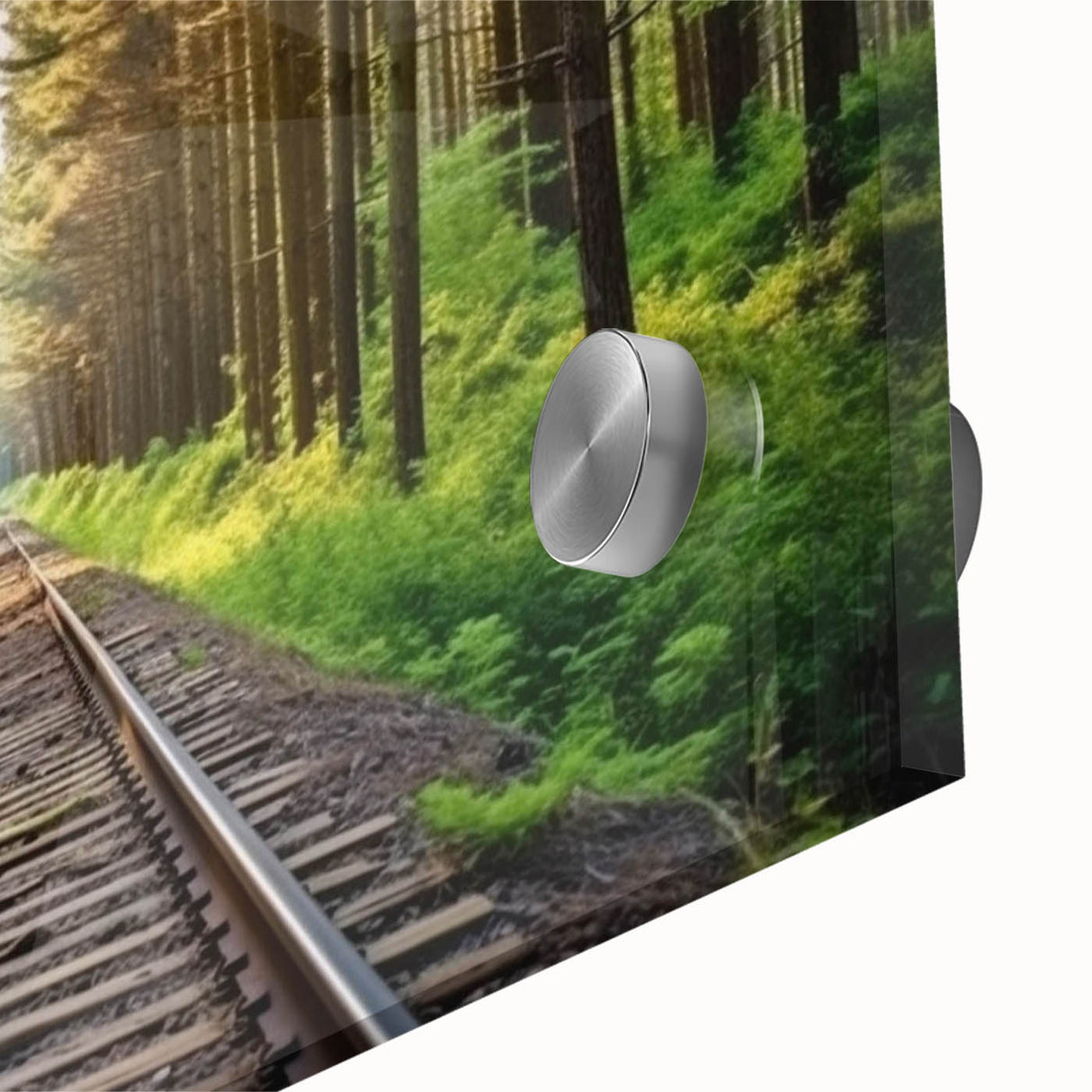 Close-up of a vibrant acrylic glass wall art piece showcasing a detailed landscape design with railroad elements, ideal for modern home decor.