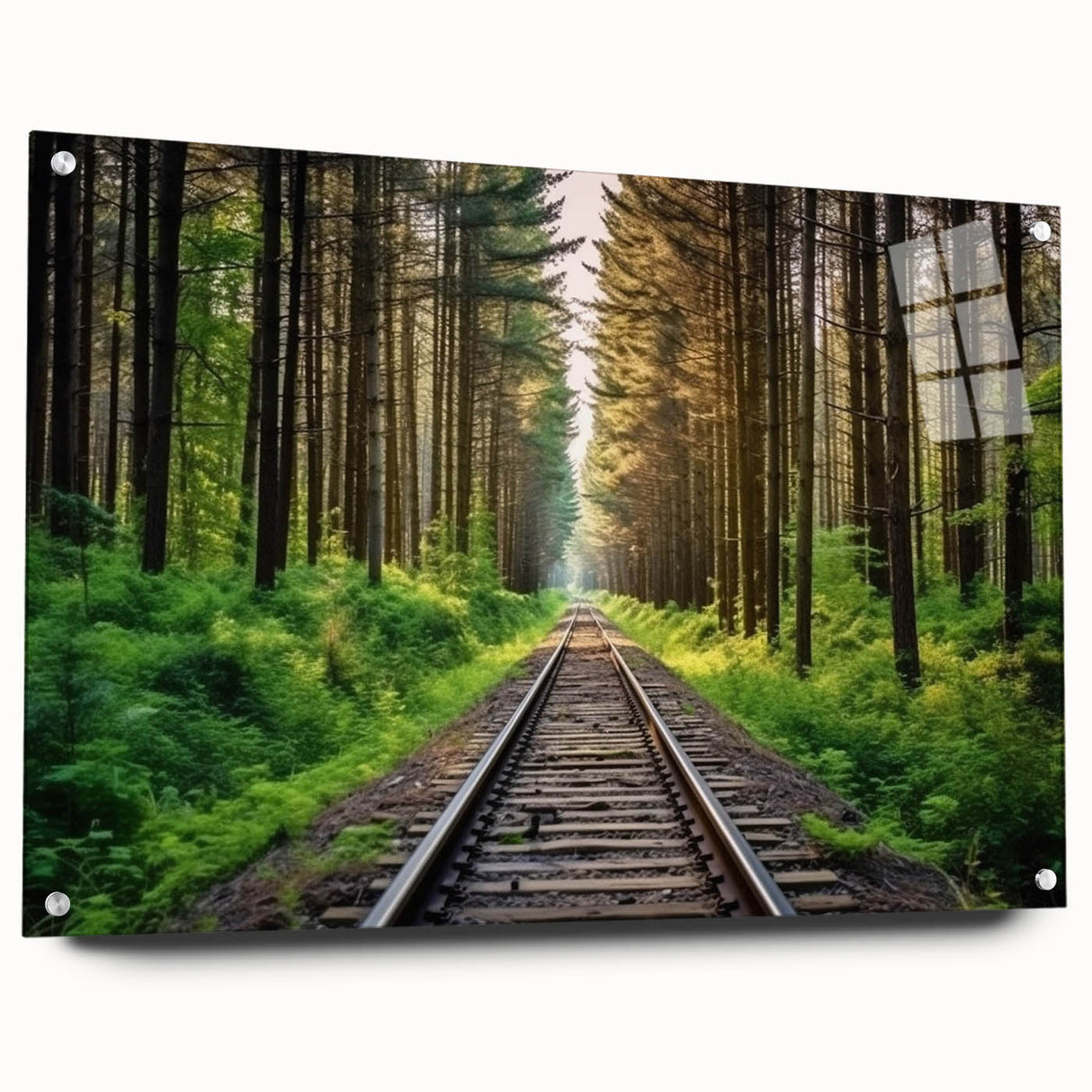 Acrylic glass wall art piece showcasing a vibrant railroad landscape design, displayed from a side view with mounting pins, ideal for modern home decor.