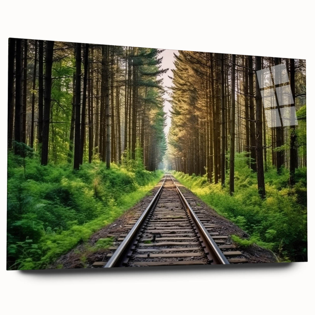 Acrylic glass wall art collection showcasing a vibrant landscape with railroads, featuring vivid colors and intricate details, perfect for modern decor.