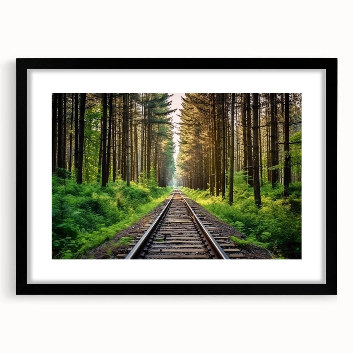 Framed wall art featuring a stunning railroad landscape design, showcased in a sleek black frame with a decorative mat, ideal for enhancing home decor aesthetics.