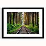 Framed wall art featuring a stunning railroad landscape design, showcased in a sleek black frame with a decorative mat, ideal for enhancing home decor aesthetics.