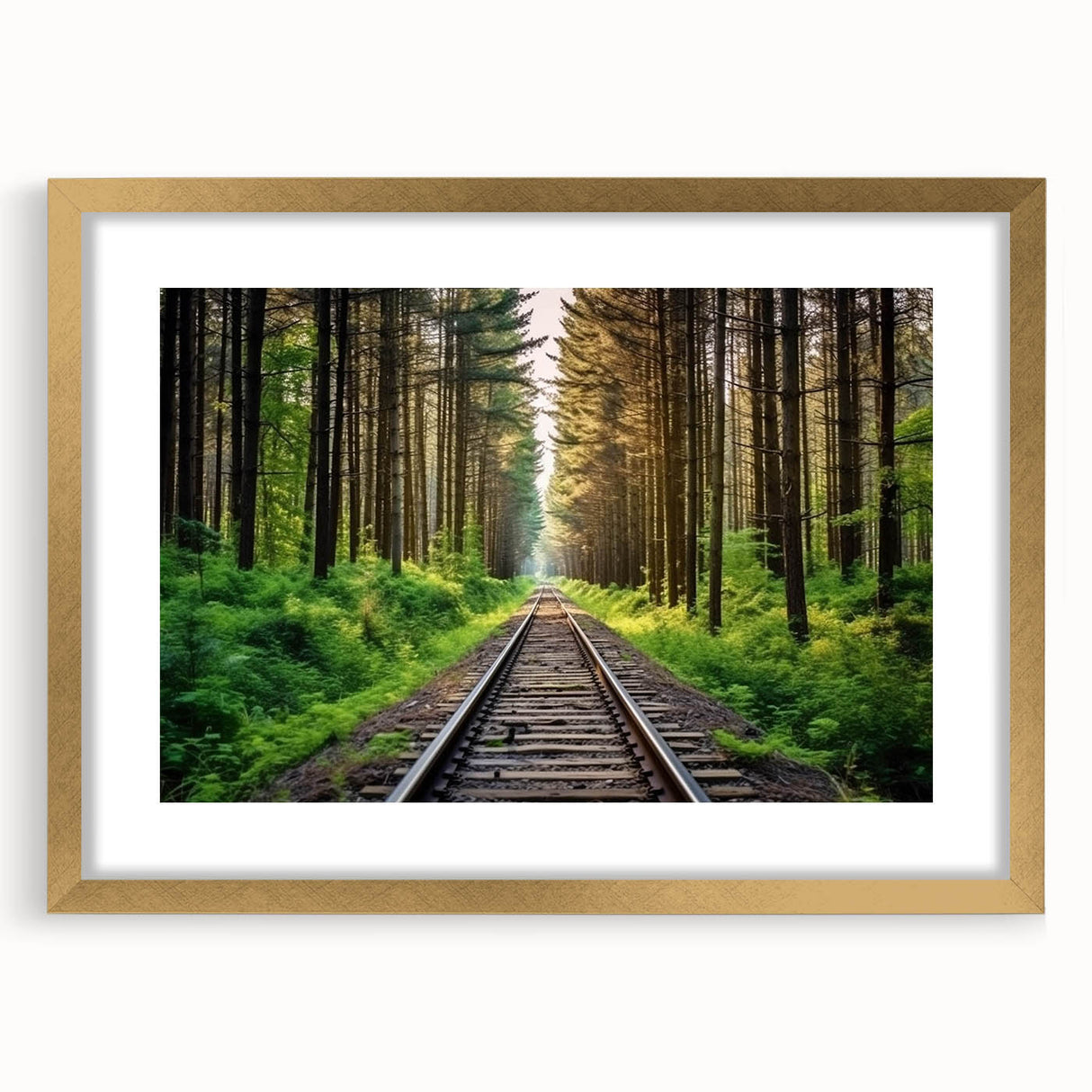 Framed wall art collection showcasing vibrant landscapes and railroads, featuring a gold mat and elegant frame. Ideal for enhancing modern home decor.