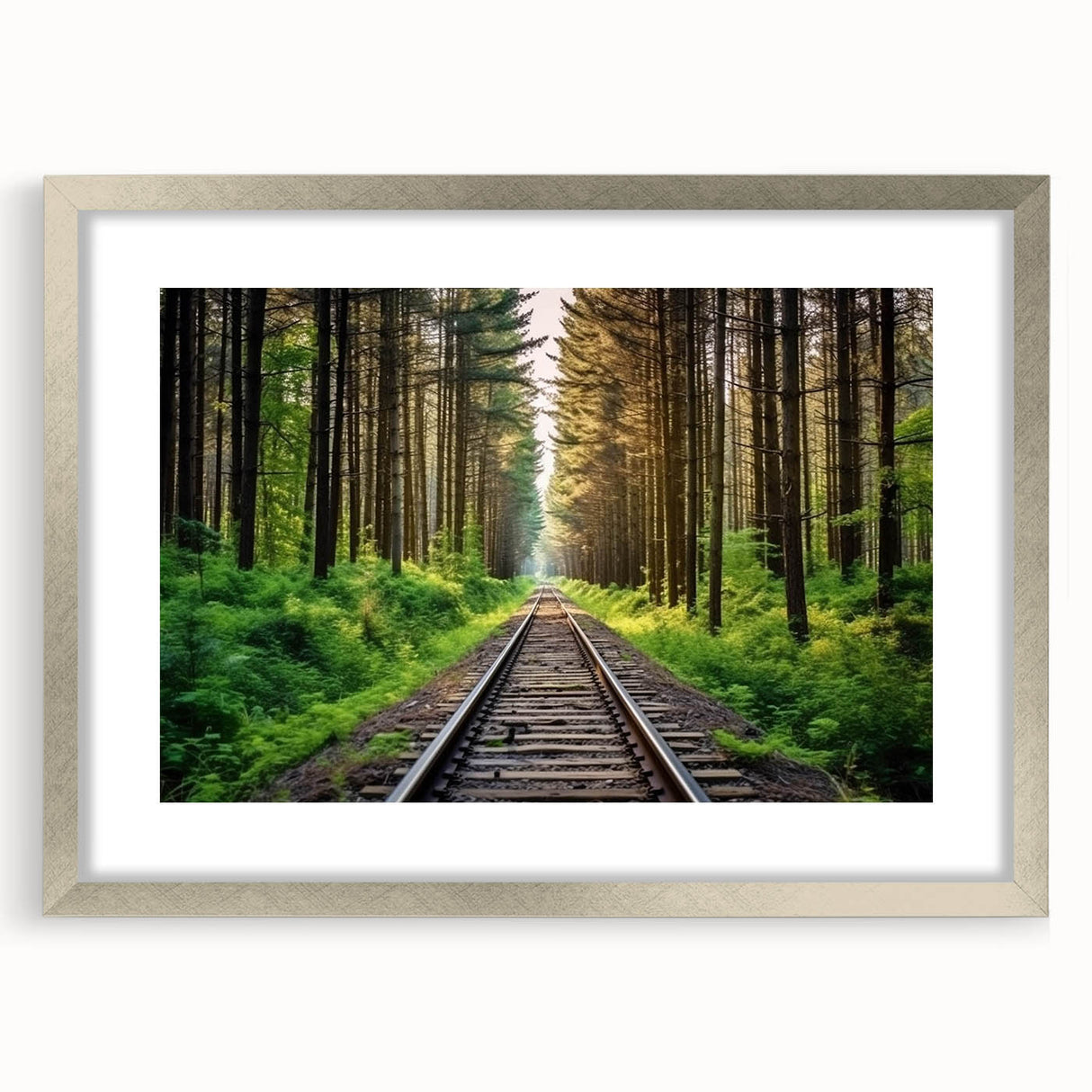 Framed wall art collection showcasing a scenic railroad landscape design, featuring a silver mat and frame, perfect for home or office decor.