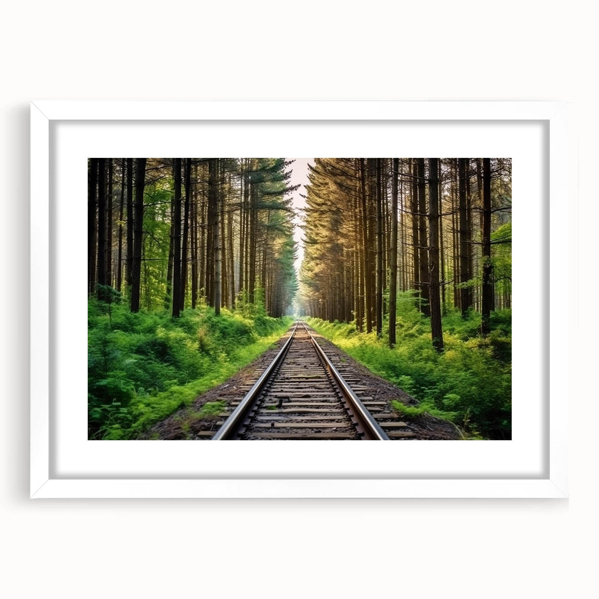Framed landscape wall art collection showcasing a serene railroad scene, featuring vibrant colors and a white mat, perfect for enhancing home decor.
