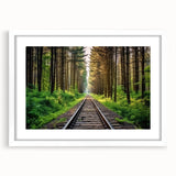 Framed landscape wall art collection showcasing a serene railroad scene, featuring vibrant colors and a white mat, perfect for enhancing home decor.