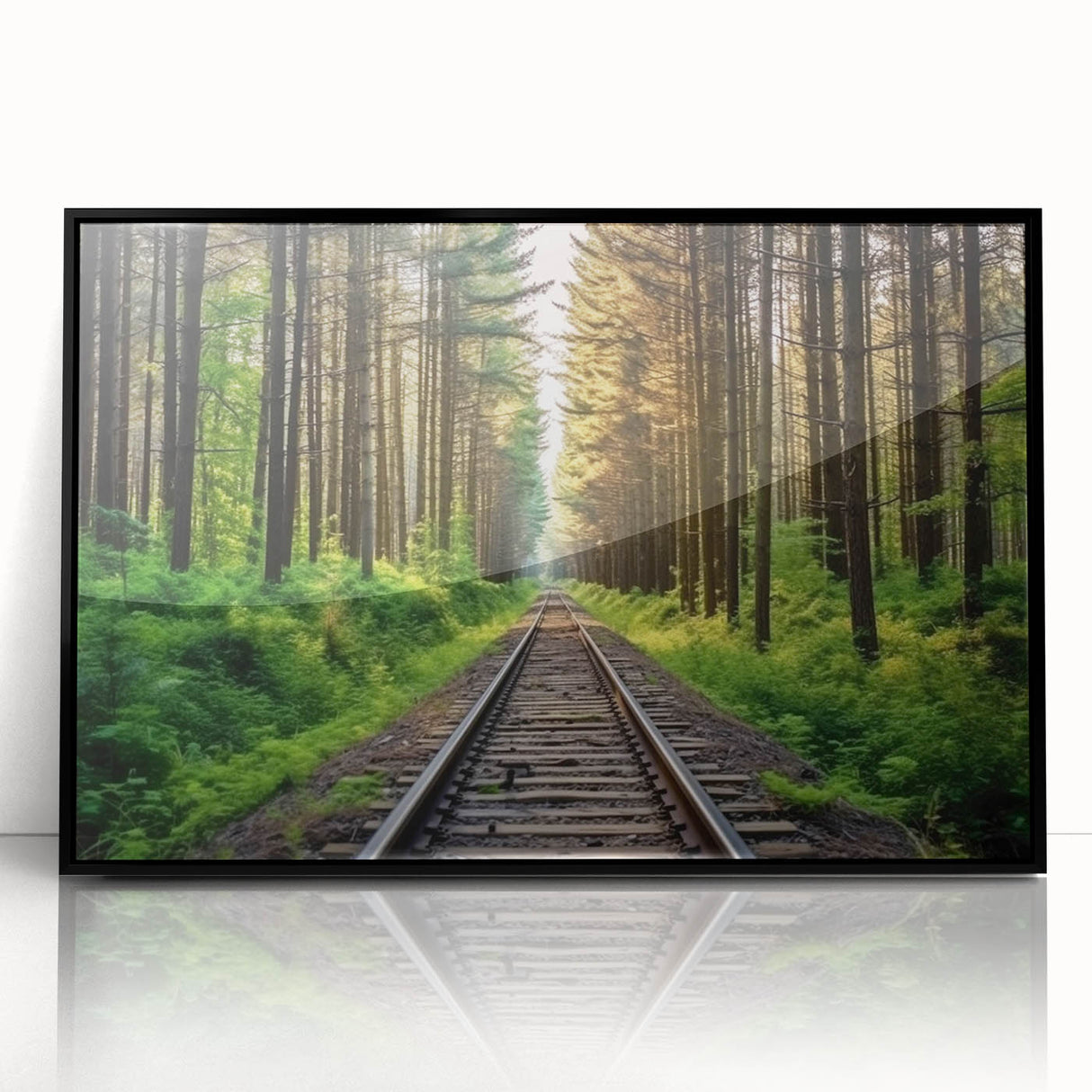 Framed wall art collection showcasing a stunning landscape with railroad design, featuring a black frame and acrylic front, perfect for modern home decor.