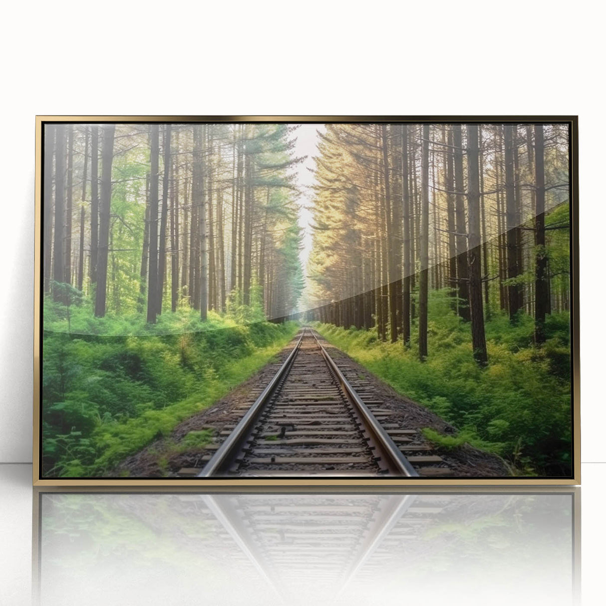 Framed wall art collection showcasing a stunning landscape with railroads, featuring a gold-accented acrylic front, ideal for modern home decor.