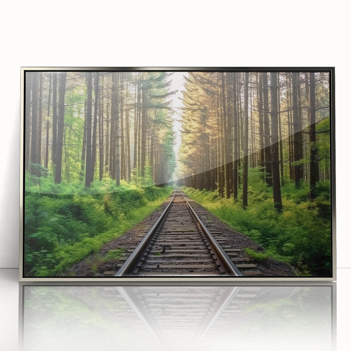 Framed acrylic wall art showcasing a vibrant railroad landscape design, featuring silver accents and a sleek front view, perfect for modern decor.