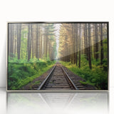 Framed acrylic wall art showcasing a vibrant railroad landscape design, featuring silver accents and a sleek front view, perfect for modern decor.