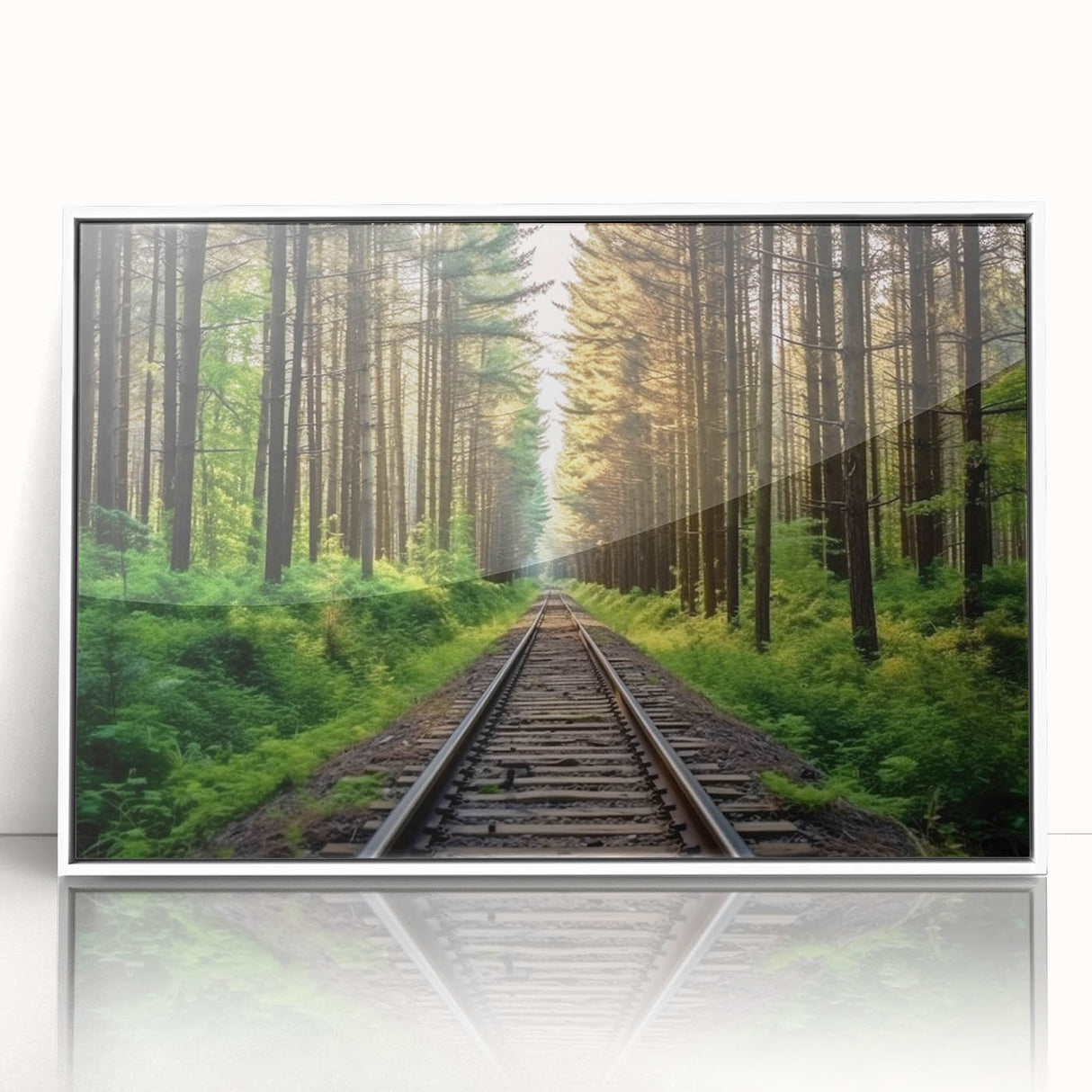 Framed wall art collection featuring a scenic landscape with railroads, presented in a sleek white frame, highlighting intricate details and vibrant colors. Perfect for home decor enthusiasts seeking unique transportation-themed artwork.