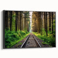 Framed canvas wall art showcasing a serene landscape with railroads, featuring rich colors and a sleek black frame, perfect for home decor enhancement.