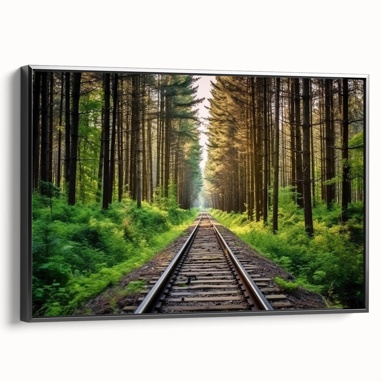 Framed canvas wall art showcasing a serene landscape with railroads, featuring rich colors and a sleek black frame, perfect for home decor enhancement.