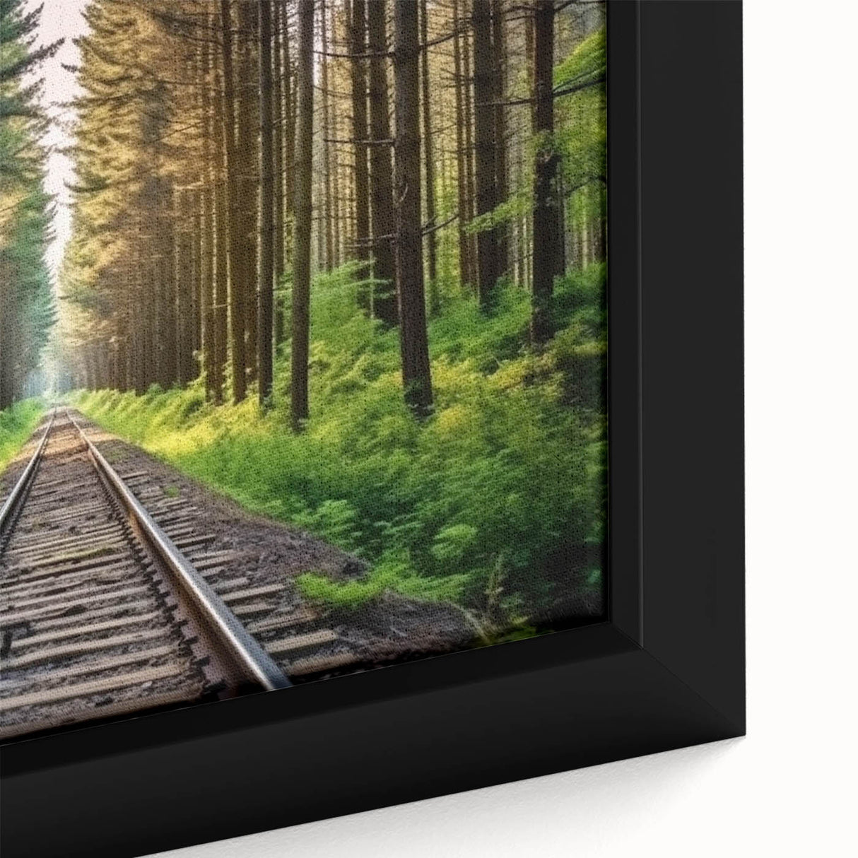 Close-up of a framed canvas artwork showcasing an intricate landscape design with railroad elements, featuring vibrant colors and detailed textures, ideal for home decor.