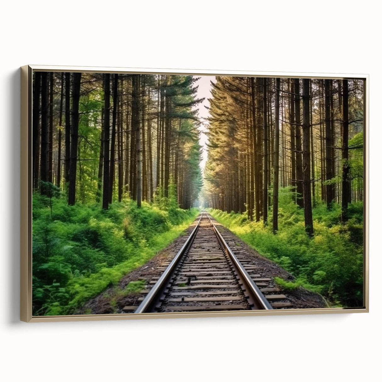 Framed canvas wall art showcasing a vibrant railroad landscape design with gold accents, ideal for modern home decor. Perfect for adding a touch of elegance to any room.