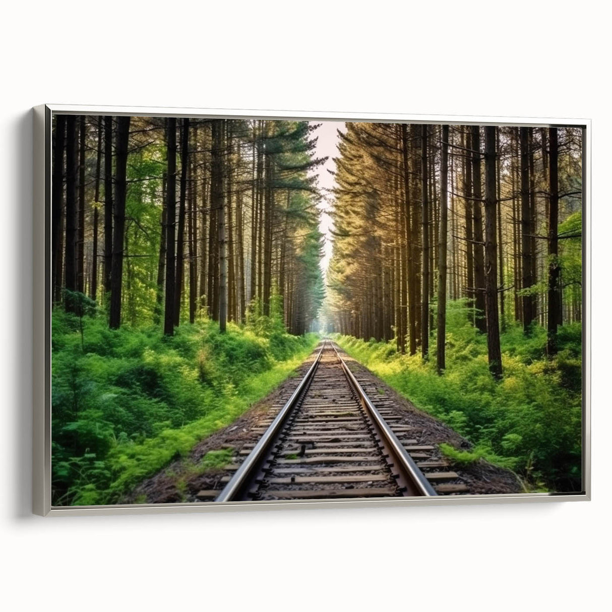 Framed canvas wall art showcasing a scenic landscape with a railroad design, featuring silver accents and a modern aesthetic, ideal for home décor or office spaces.