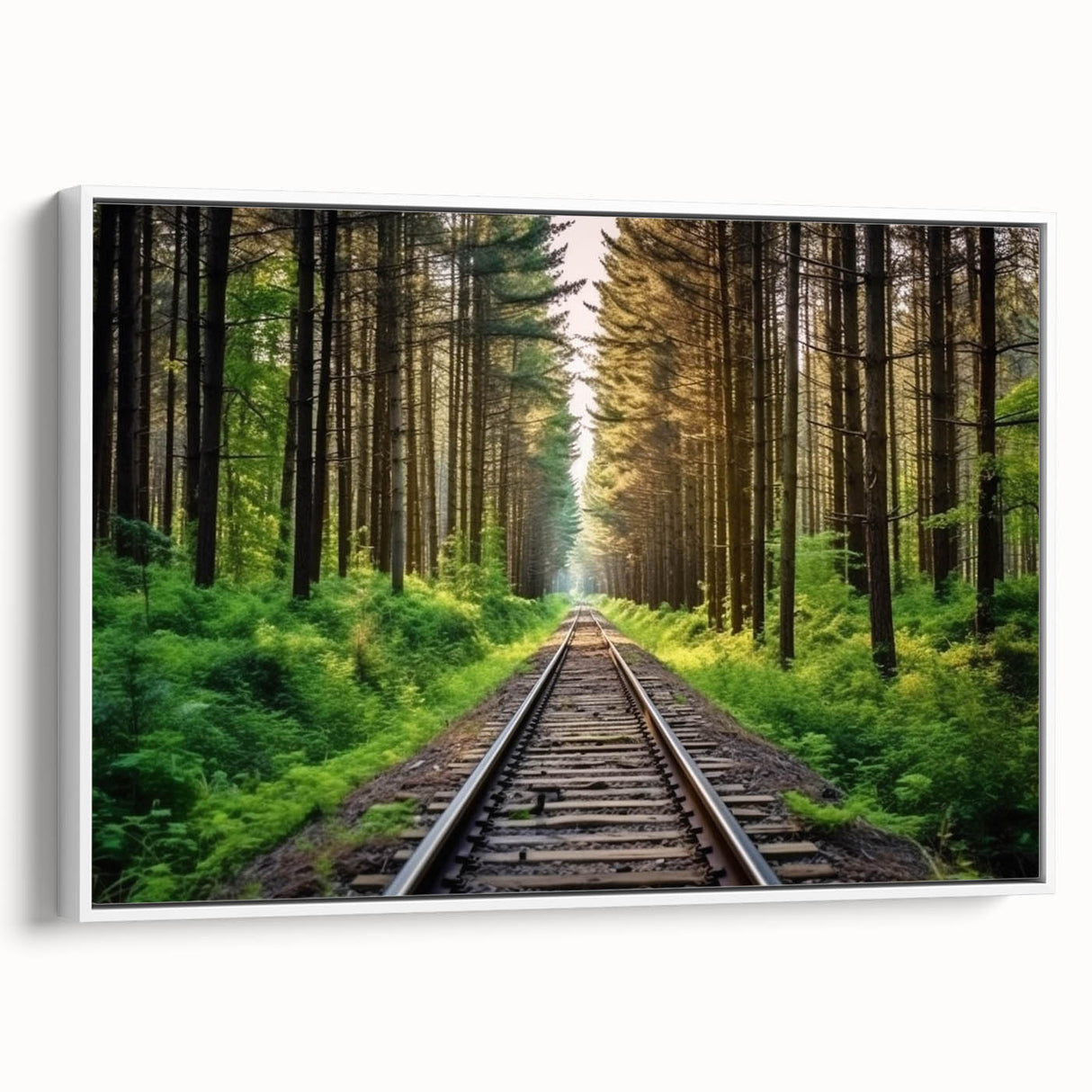 Framed canvas artwork showcasing a picturesque landscape with railroads, featuring vibrant colors and intricate details, perfect for enhancing home decor.