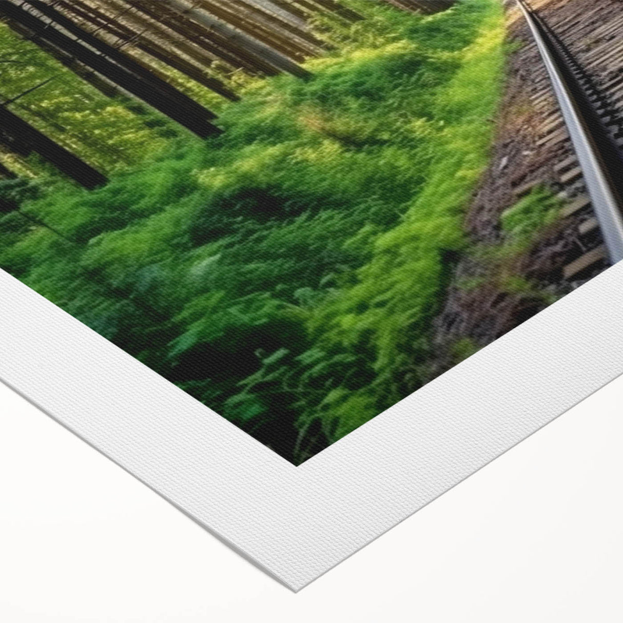 Vibrant rolled canvas artwork showcasing a scenic railroad landscape, featuring rich colors and intricate details, ideal for enhancing home decor.