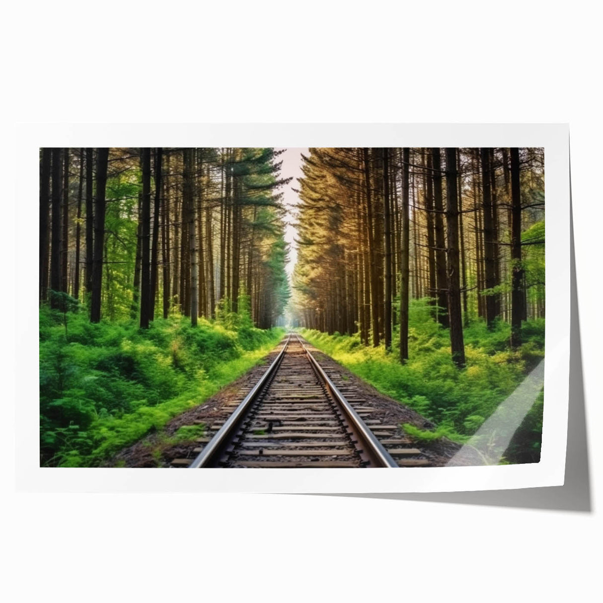 Rolled print of a vibrant landscape featuring a scenic railroad, showcasing colorful skies and lush greenery, ideal for home decor or art collection.