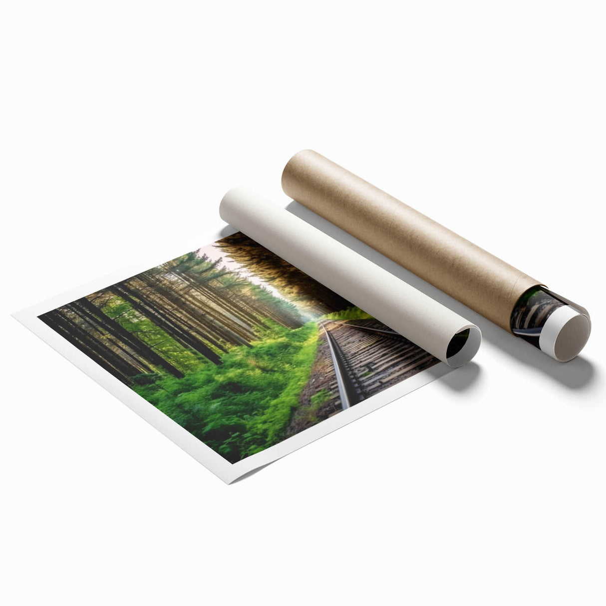 Rolled print of a vibrant railroad landscape wall art design, showcasing intricate details of tracks and scenery, packaged securely for display.