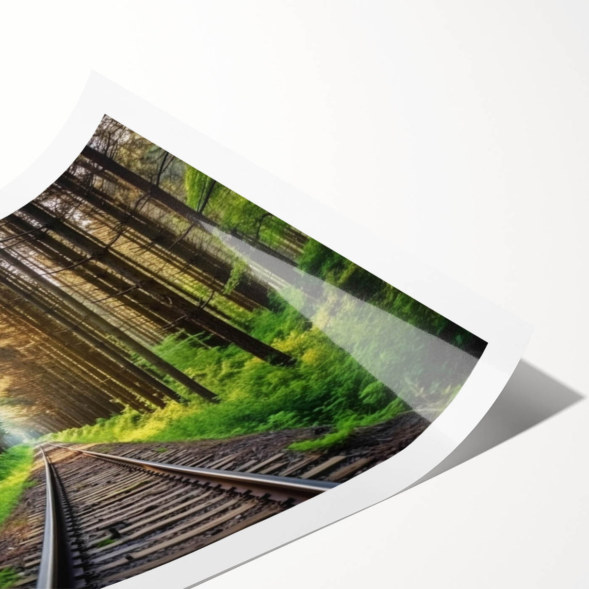 Rolled print showcasing a vibrant landscape featuring railroads and mountains, designed for wall art collection, presented in a protective cardboard tube.