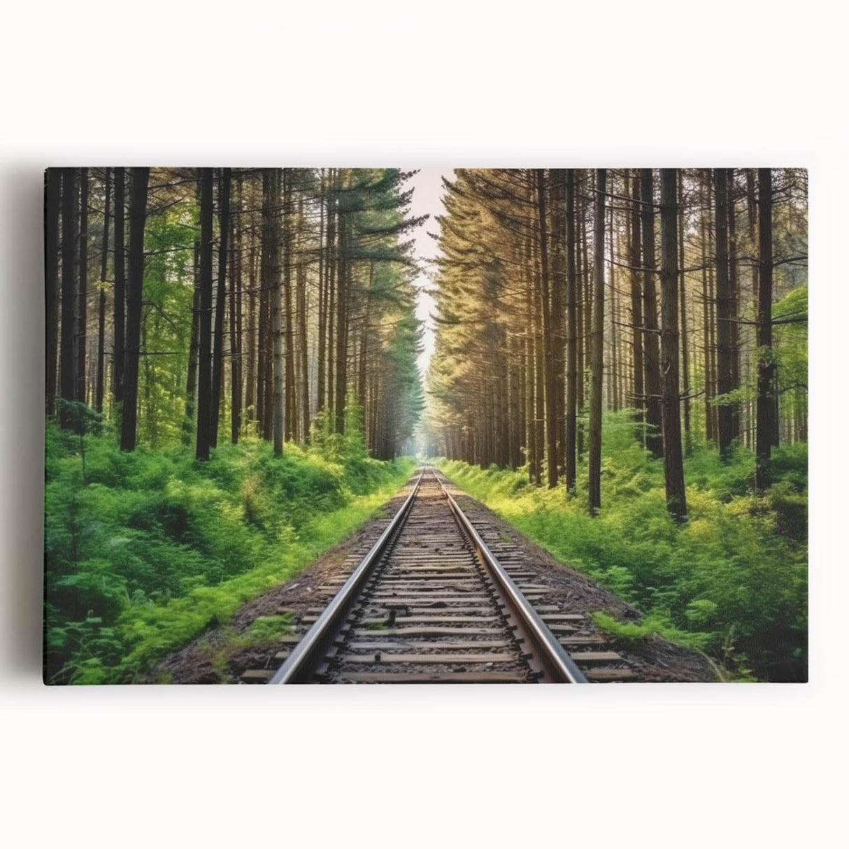 Stretched canvas wall art featuring a vibrant landscape scene with a vintage railroad, showcasing rich colors and intricate details, perfect for home decor.