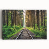 Stretched canvas wall art featuring a vibrant landscape scene with a vintage railroad, showcasing rich colors and intricate details, perfect for home decor.