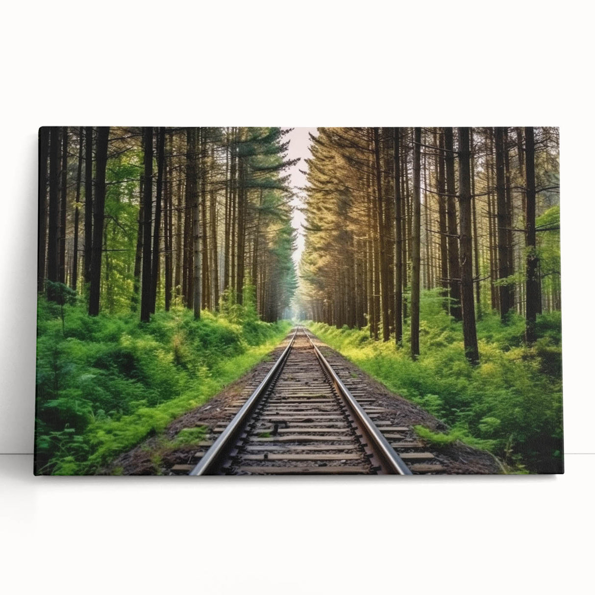 Stretched canvas wall art depicting a serene landscape with a railroad track winding through lush greenery, perfect for home decor or office ambiance.