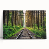 Stretched canvas wall art depicting a serene landscape with a railroad track winding through lush greenery, perfect for home decor or office ambiance.