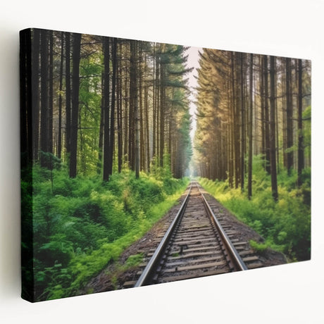Stretched canvas wall art showcasing a scenic railroad landscape design with vibrant colors, ideal for home decor and adding a touch of nature-inspired elegance.