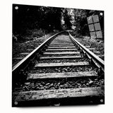 Acrylic glass wall art collection showcasing vibrant landscapes and railroads, designed in a modern style with a side view presentation, elegantly pinned for display.