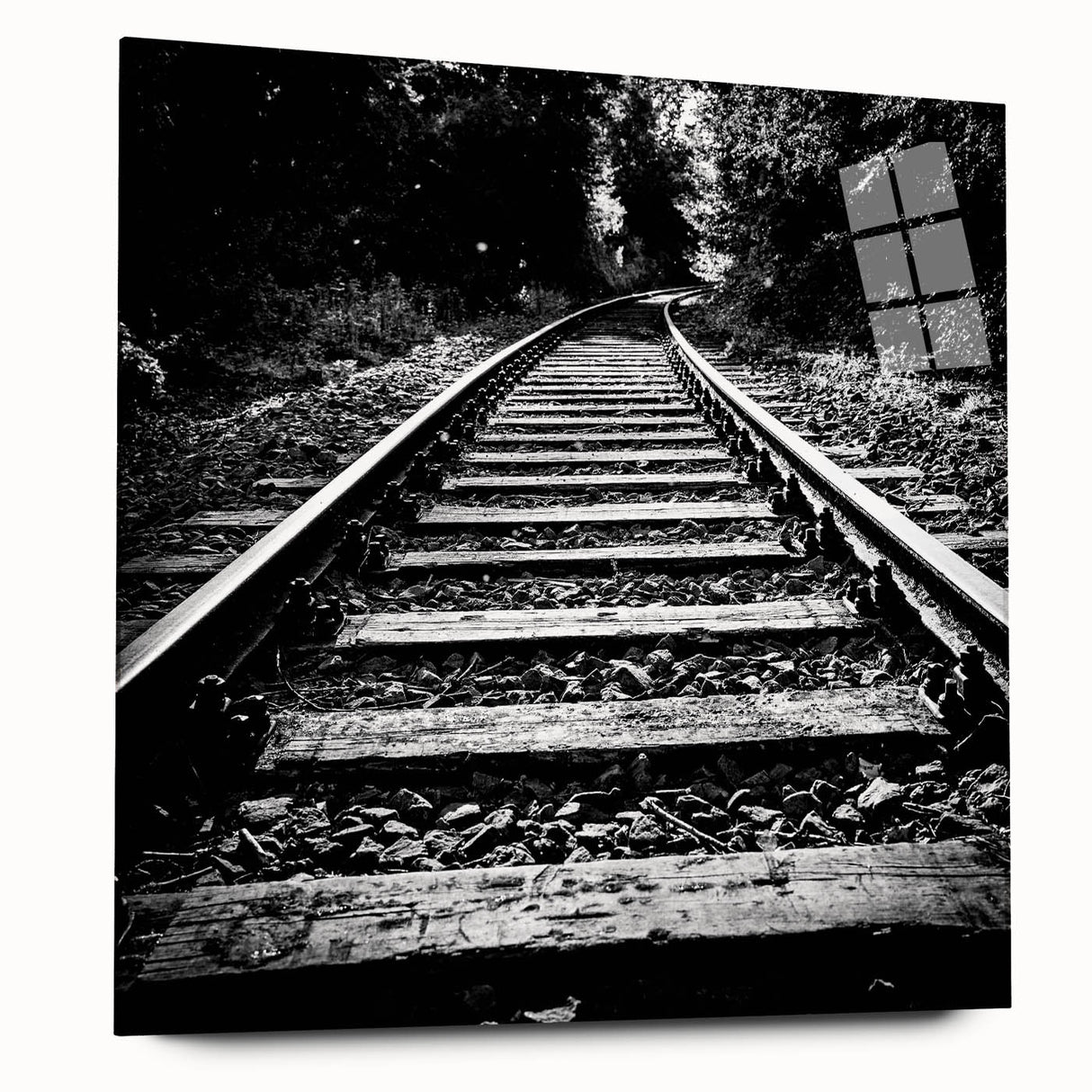 Acrylic wall art collection showcasing a vibrant landscape featuring railroad tracks, framed in sleek glass, highlighting colorful scenery and modern design.