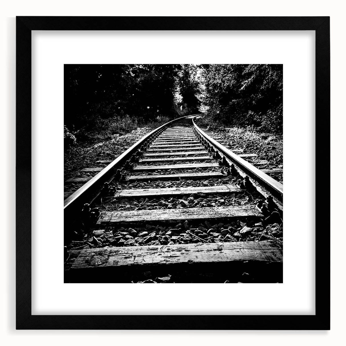 Black-framed wall art collection showcasing a serene railroad landscape design, featuring vibrant colors and intricate details, perfect for modern home decor.