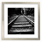 Framed wall art collection featuring a serene landscape with railroads, presented in a stylish silver frame with a mat, ideal for home decor and interior design.