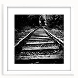 Framed wall art collection showcasing serene landscapes with railroad themes, featuring a white mat and sleek design, ideal for contemporary home decor.