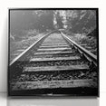 Framed wall art collection showcasing a vibrant landscape and railroad design, featuring a sleek black frame and acrylic front, perfect for modern home decor.