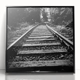 Framed wall art collection showcasing a vibrant landscape and railroad design, featuring a sleek black frame and acrylic front, perfect for modern home decor.