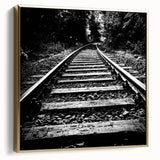 Framed canvas wall art collection showcasing a serene railroad landscape in silver and gold tones, perfect for modern home decor. This elegant piece adds a touch of sophistication to any living space.