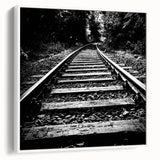 Framed canvas wall art collection showcasing a serene railroad landscape in neutral tones, with a sleek white frame, perfect for modern home decor.