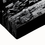 Close-up of a stretched canvas print showcasing a vibrant railroad landscape design, featuring rich colors and intricate details, ideal for home decor.