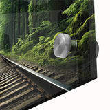 Close-up of a vibrant acrylic wall art piece showcasing a railroad landscape design, highlighting intricate details and colors, perfect for modern decor.